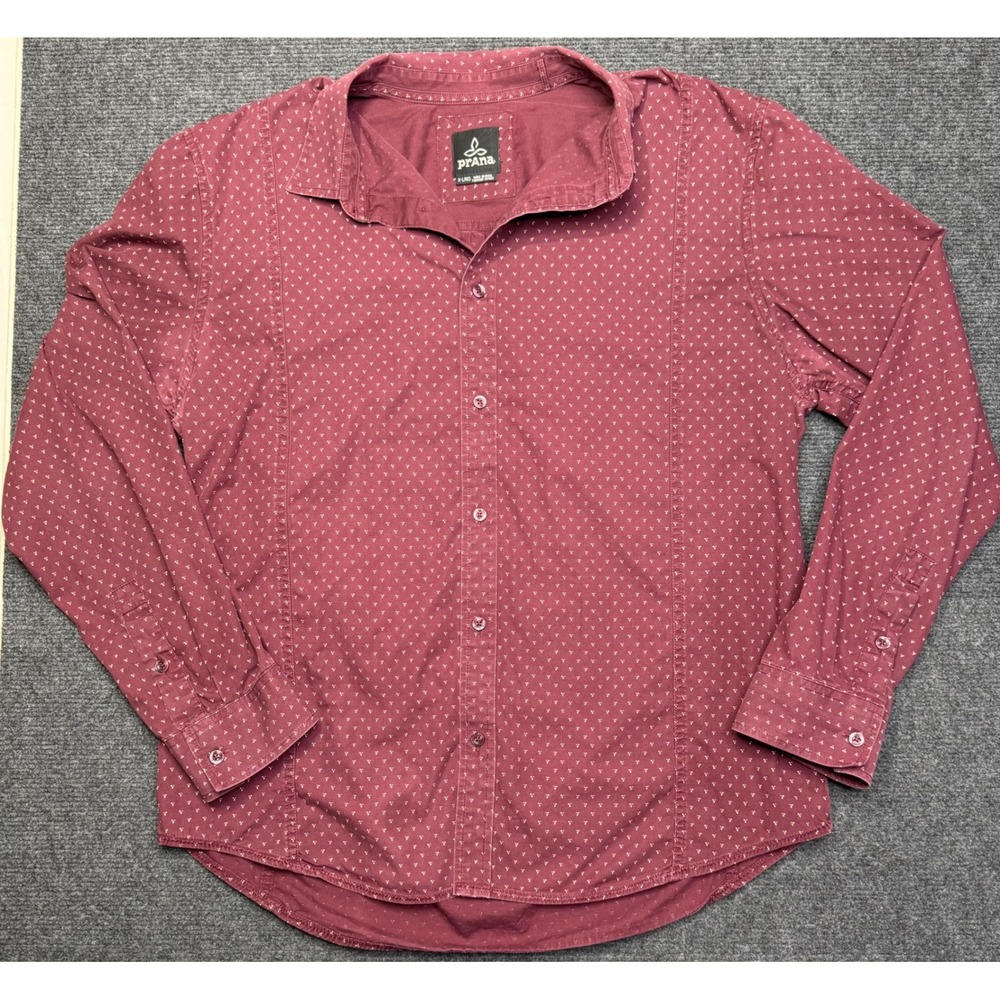 Prana Mens XL Long Sleeve Button Down Shirt Burgundy Geometric Print Maroon Hike